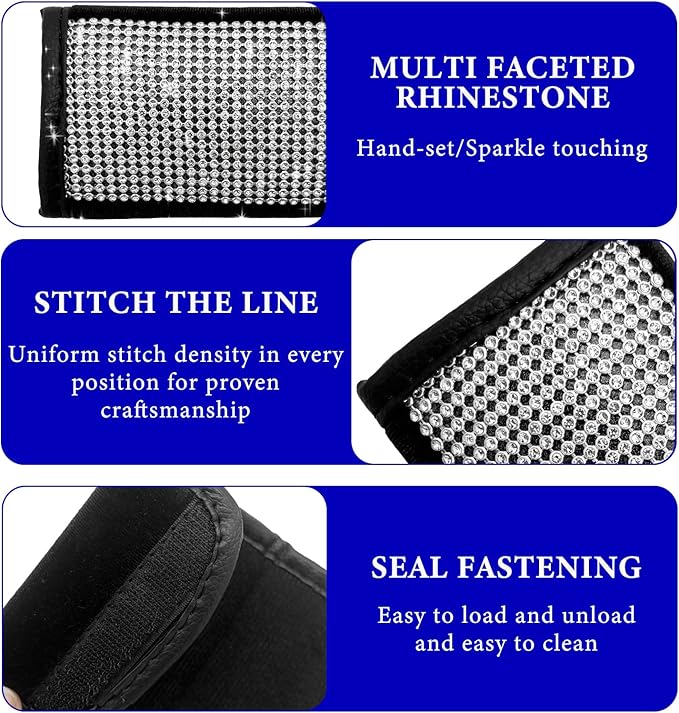 Wevdn 2 PCS Car Grab Handle Cover, Bling Rhinestone Handcraft Auto Door Handle Protector, Soft PU Leather Seat Belt Covers for Women Girls, Interior Accessories for Most Cars (White)
