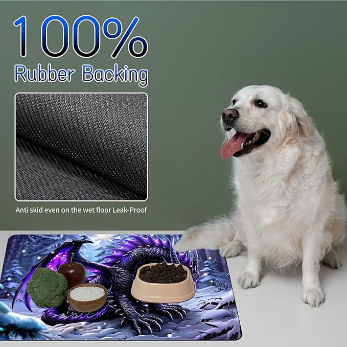 Dog Food Mat, 15.7" x 23.6" Absorbent Pet Feeding Mat for Food and Water, Waterproof Diatom Mud Pet Placemat with Non-Slip Rubber Backing, Easy Clean Cat Bowl Mat for Floors - Snowy Dragon