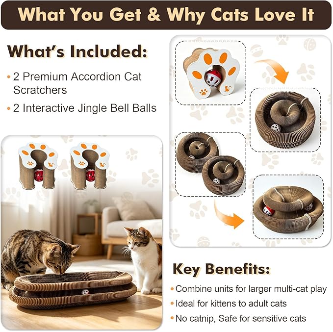 2-Pack Cat Pad Scratcher Toys, Magic Organ Cat Toy & Kitty Curls Cat Toy, Interactive Cardboard Cat Scratching Board with Bell Balls, Corrugated Scratcher for Indoor Cats, Furniture Protection
