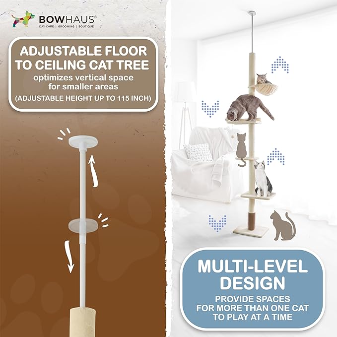 BOWHAUS Floor to Ceiling Cat Tree, Adjustable Height 104”-115” Multi-Tier Cat Climbing Tower w/Itching Scratcher, Cozy Hammock, Interactive Playball, Platforms for Indoor Cats, Dark Grey