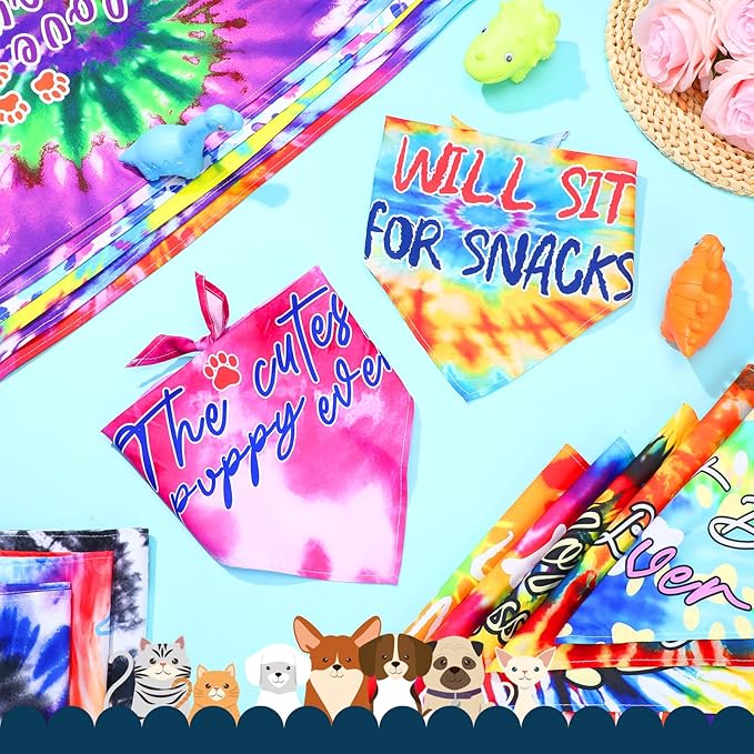 Huhumy 50 Pcs Tie Dye Dog Bandanas Bulk Pet Bibs Colorful Triangle Scarf Tie Dye with Sayings Pet Bandanas for Medium Large Dogs Spring Summer Birthday Costume Decor