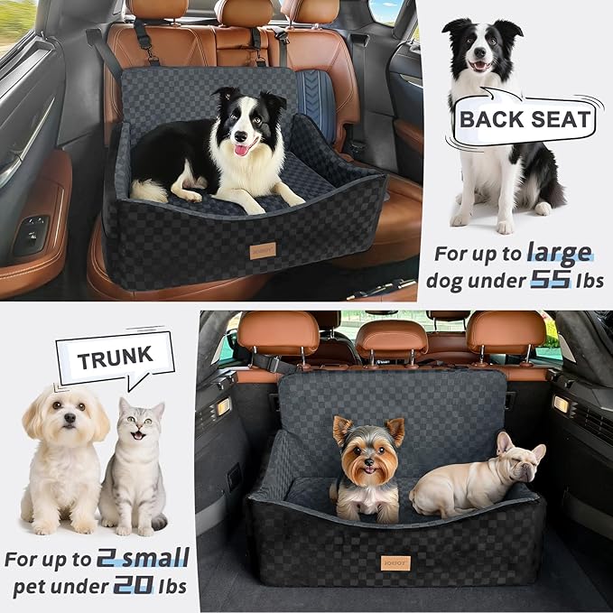 JOEJOY Dog Car Seat for Medium/Large Dogs - Reversible Dual-Sided Travel Dog Car Bed with Memory Foam, Washable Pet Booster Seat for Do gs up to 55 lbs or 2 Small Dogs, 2 Safety Leashes, Dark Grey