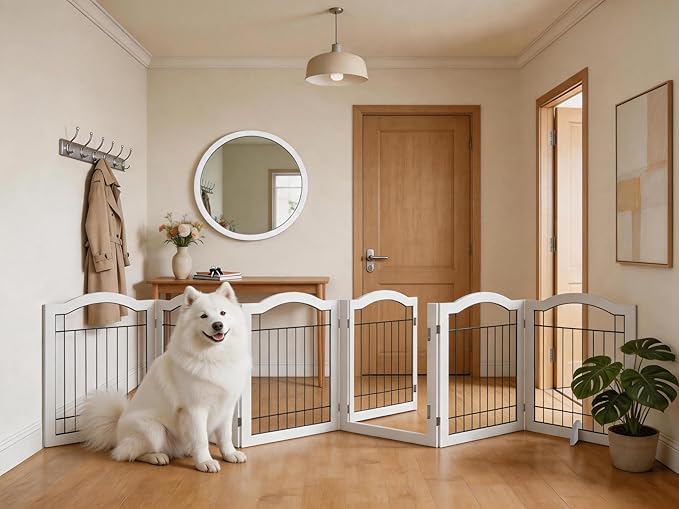 Vantas Folding No-Assembly Dog Door Pet Gate 144" Wide, 30" Tall Wooden Dog Gate with Door Walk Through, Freestanding Wire Pet Gate, Pet Puppy Safety Fence, with 2PCS Support – White