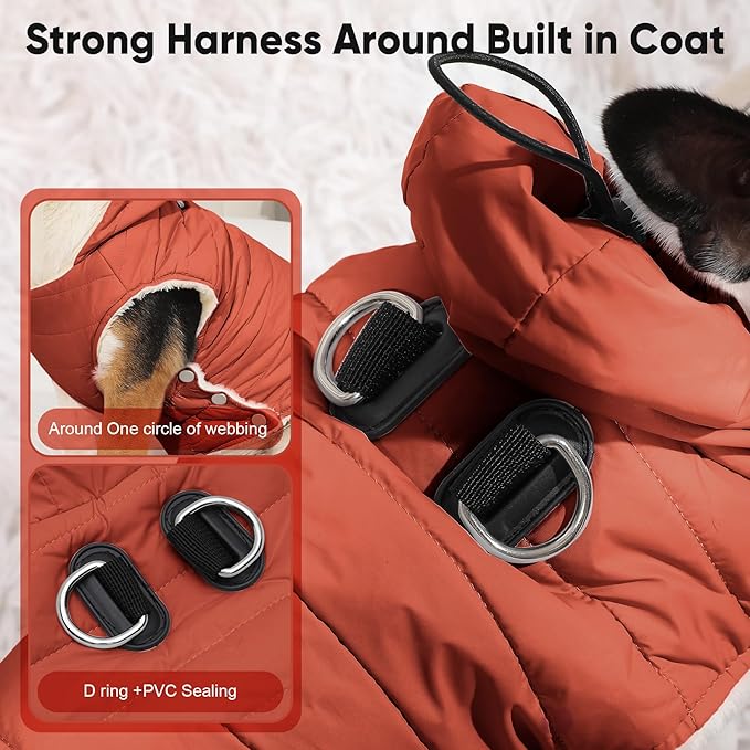 Vecomfy Fleece Lining Dog Hoodie with Harness Built in,Extra Warm Small Dog Jacket in Winter Puppy Coats with Drawstring Hooded,Orange M