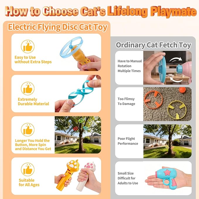 BABORUI Cat Toy Disc Launcher, Rechargeable Interactive Cat Fetch Toy Launcher with 16 Flying Discs, Flying Enrichment Toys for Indoor Bored Kittens & Adult Cats (Yellow+White)