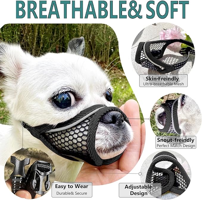 Dog Muzzle for Small Medium Dogs Breathable Adjustable, Chihuahua Shih Tzu Puppy, Soft Air Mesh Muzzle for Grooming Vet Visits, Prevent Biting Fierce Barking (Deep-Black, L)