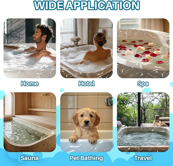 MAQIHAN 5PACK Disposable Bathtub Cover Liner - 102 x 47 Inch Large Size Transparent Plastic Bathtub Liner, Portable Bath Tub Bag with Sticker, Ideal for Travel Salon Spa Household Hotel Pet Bathing