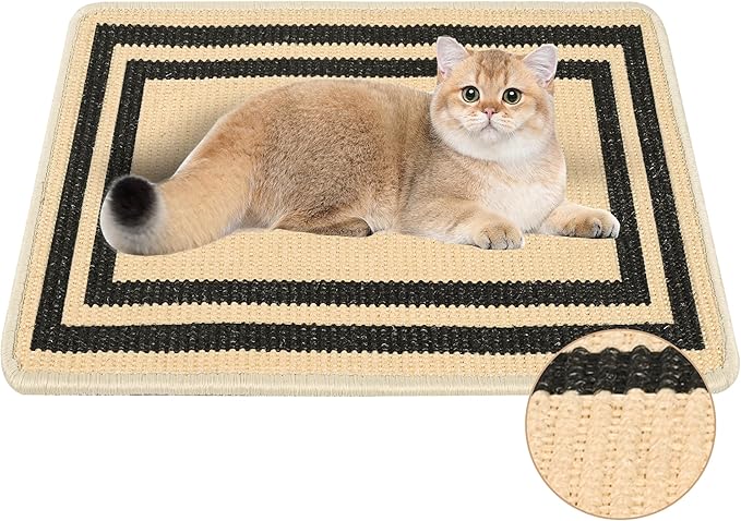 Cat Scratcher Mat, Natural Sisal Cat Scratch Pad, 23.6x15.7 Inch Horizontal Cat Floor Scratching Pads Rug with Hook & Loop to Protect Couch & Carpets & Sofas（Beige Black）