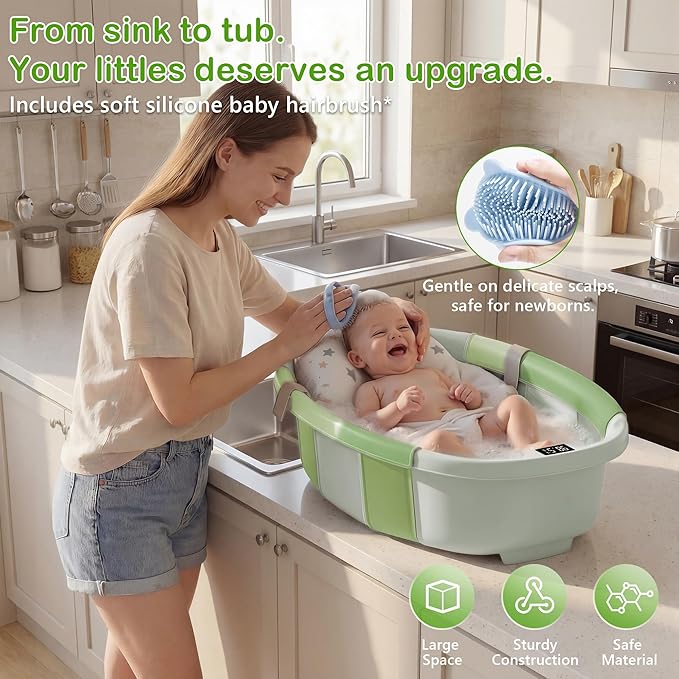 Collapsible Baby Bathtub - Large Baby Bath Tub with Thermometer | Bath Essential Bañera para Bebe Easy Fold Baby Tub | Travel Infant Newborn Toddler Bathtub for Baby Girl Boy 0 to 36 Months(Green)