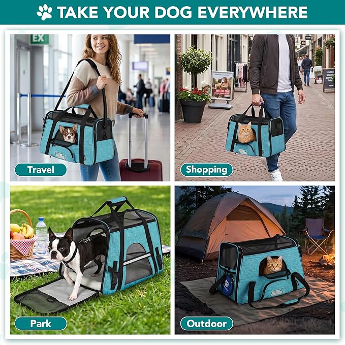 PetAmi Airline Approved Pet Carrier for Cats & Small Dogs, Soft Sided TSA Travel Carrier Bag Sherpa Bed, Breathable Mesh Ventilation, Collapsible Bowl, Fit Under Seat, Up to 18 lbs, Small Heather Blue