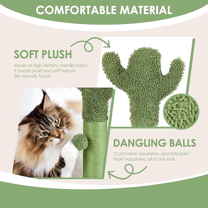 41.5" Cactus Cat Scratching Post, Heavy Duty Sisal Scratcher with Interactive Ball & Grooming Brush, Stable Anti-Tip Cat Tree for Indoor Cats & Large Cats