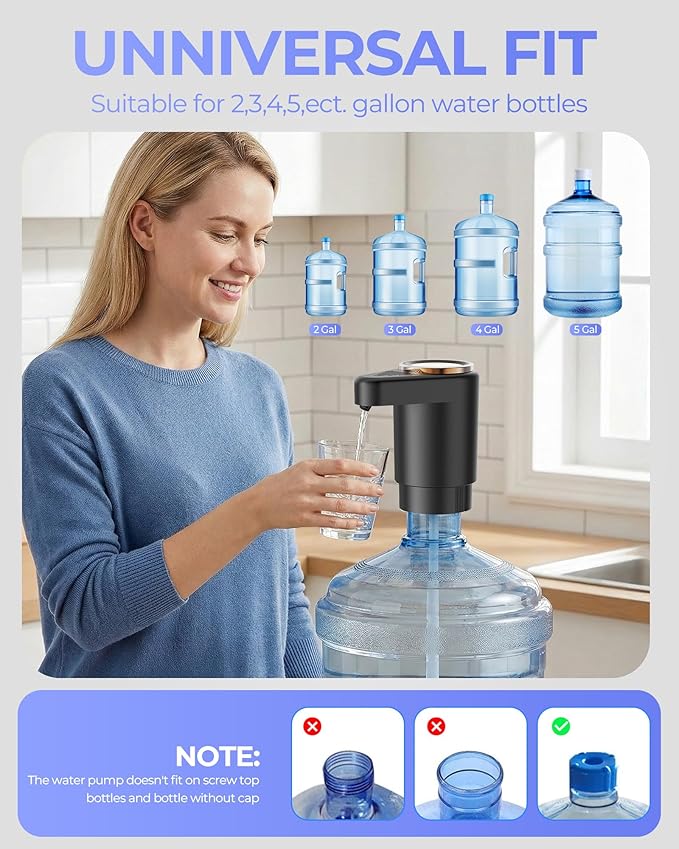 Water Jug Pump for 5 Gallon Bottle – Portable Electric USB-C Charging Dispenser, Dual Powerful Motors, Fast Flow, Fits 2-5 Gallon Jugs – Ideal for Home, Office, Camping, RV, Dark Black