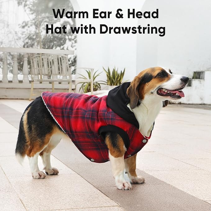 Vecomfy Fleece Lining Dog Hoodie for Small Dogs Extra Warm Plaid Sweater with Drawstring Hooded Coats in Winter Puppy Jacket,Red S