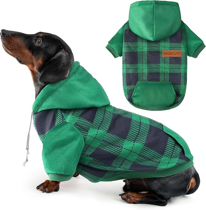 Dog Basic Hoodie Soft Dog Clothes Cold Weather Sweaters for Medium Large Dogs Cozy Fabric Warm Sweatshirt with Leash Hole for Boys (Green Plaid, Medium (10-20 lbs))