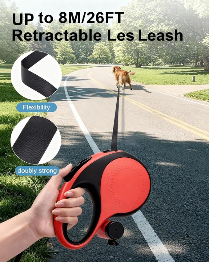 Heavy Duty Retractable Dog Leash 26 ft Tangle-Free 360° Swivel for Large Dogs up to 110 lbs with One-Button Lock (Red)