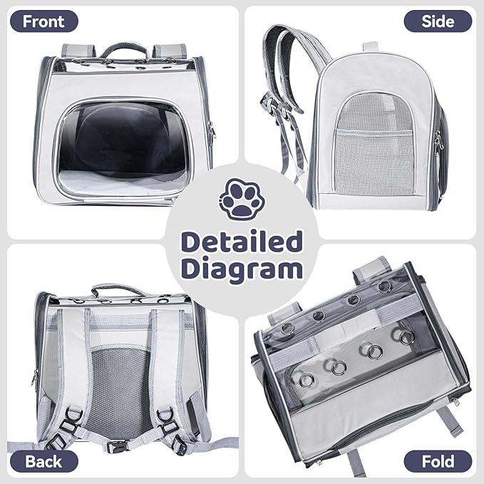 Cat Soft-Sided Carrier Backpack, Breathable Mesh Foldable Pet Travel Carrier with Reinforced Support, Portable Puppy Carrying for Kitty Up to 15lbs (Grey)