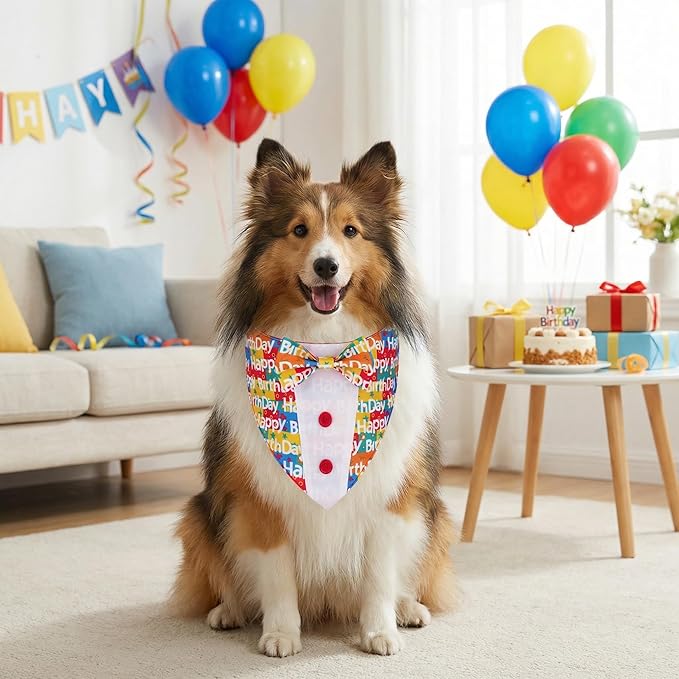 ADOGGYGO Birthday Dog Tuxedo, Adjustable Happy Birthday Print Pet Bowtie Collar Bandana for Medium Dogs (M)