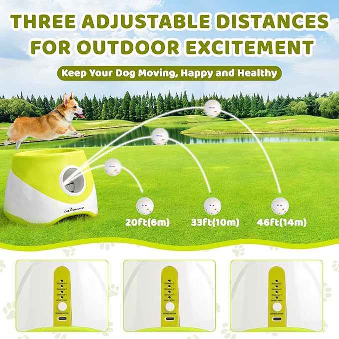 TeqHome Automatic Ball Launcher for Dogs, Interactive Dog Ball Thrower with 6 PCS 2.17" ETPU Balls, 3 Adjustable Distance Settings (20-46FT), Indoor Outdoor Fetch Trainer Toy for Small & Medium Dogs