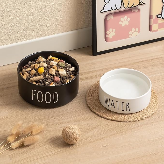 Ceramic Dog Bowls Set of 2 - Weighted Dog Dishes with Food & Water Lettering for Cats and Small Dogs, Food Grade Pet Bowl, Dishwasher & Microwave Safe (5.1 inch, 2 * 16oz, White)