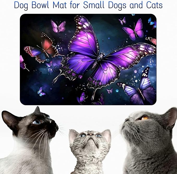 Dog Food Mat, 15.7" x 23.6" Absorbent Pet Feeding Mat for Food and Water, Waterproof Diatom Mud Pet Placemat with Non-Slip Rubber Backing, Cat Bowl Mat for Floors - Purple Butterfly 1