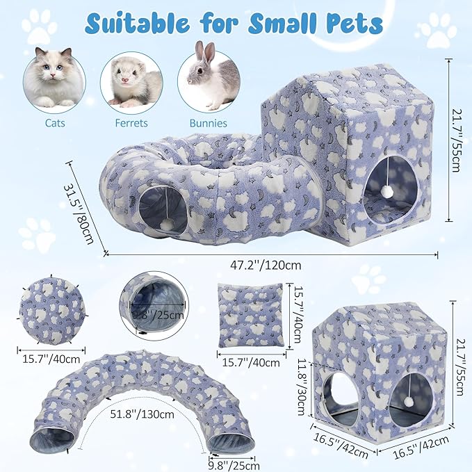Pawaboo Cat Tunnel Bed for Indoor Cats, Cute Cat Donut Tunnel with Square House, Peekaboo Pet Cave Play Tunnels with Cave for Kitten/Rabbit, Basic Soft Blue