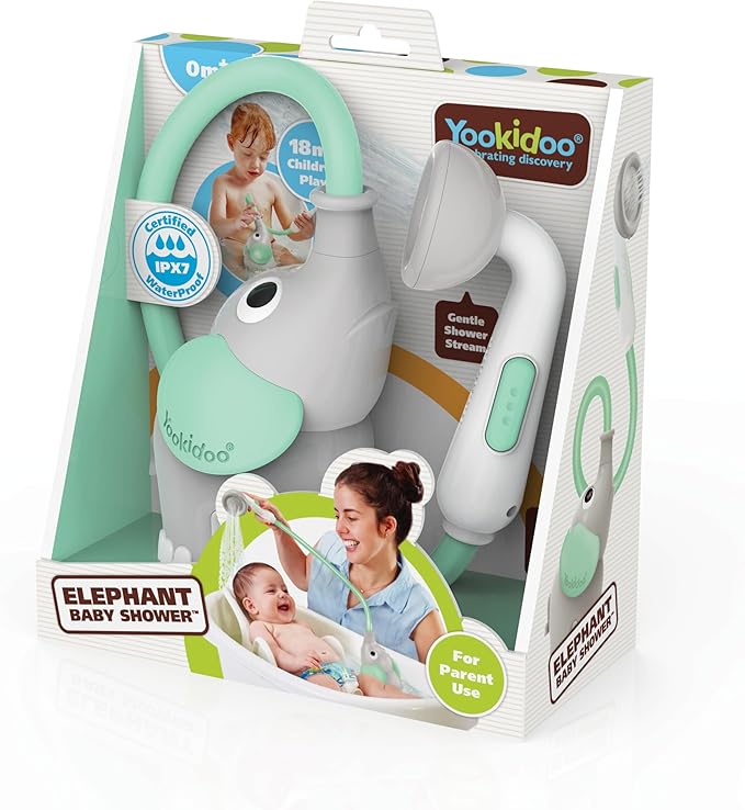 Yookidoo Baby Bath Shower Head – Elephant Water Pump with Trunk Spout Sprayer & Rinser, Dual Knob Flow Control, Bath Time Essential for Newborns, Tub or Sink (Turquiose)