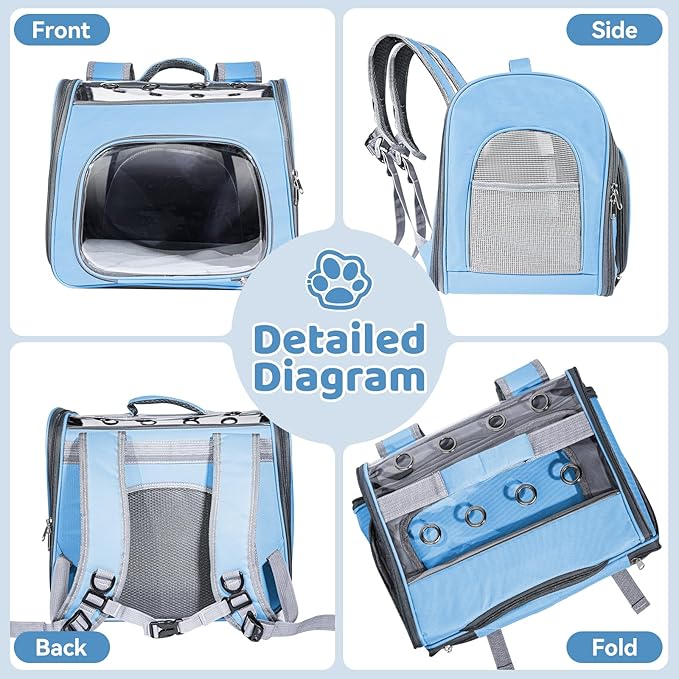 Cat Soft-Sided Carrier Backpack, Breathable Mesh Foldable Pet Travel Carrier with Reinforced Support, Portable Puppy Carrying for Kitty Up to 15lbs (Blue)