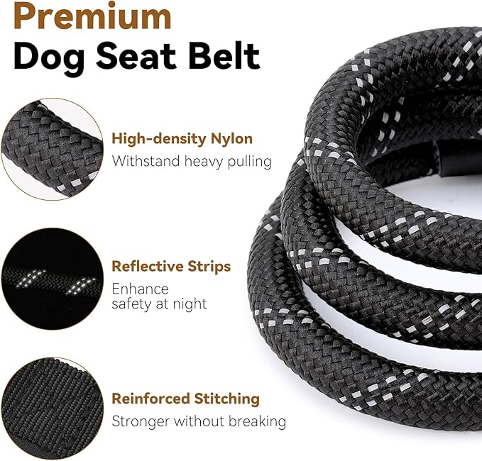 2Pcs Dog Seat Belt for Car, Universal Dog Car Seatbelt with Buckle and Hook Latch, 360° Rotatable Lockable Clasp, Reflective Safety Pet Harness for Vehicle, Pet Safety Restraint, Black