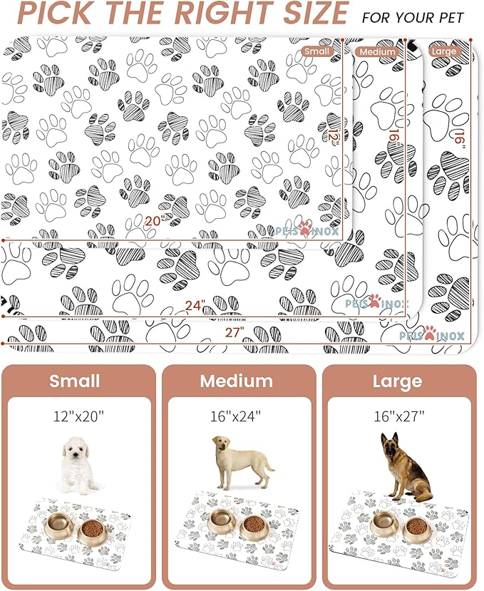 PEISAINOX Cat Dog Food Mat, Rapid Water Absorption Dog Mat for Food and Water,100% Waterproof Cat Dog Bowl Mat,16"x24"-White