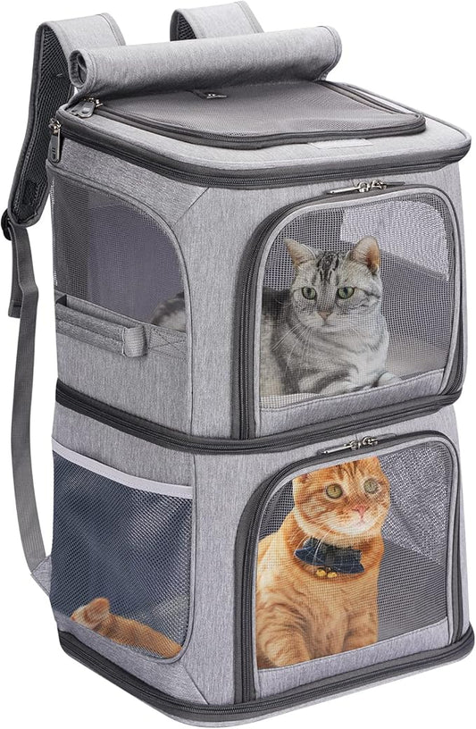 2-in-1 Double Pet Carrier Backpack for Small Cats and Dogs, Portable Pet Travel Carrier, Super Ventilated Design, Ideal for Traveling/Hiking/Camping, Large Size