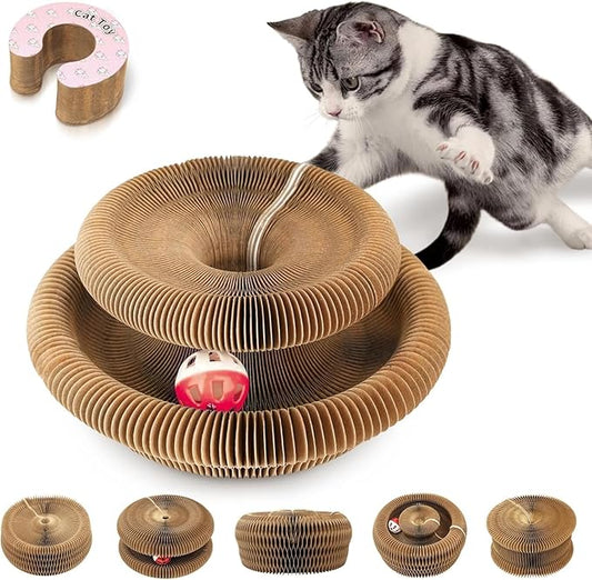 Magnetic & Reversible Cat Cardboard Scratcher, Cat Toys for Indoor Cats, Collapsible Ball Track with Bell, Interactive Cat Toys for Chasing and Scratching, for Both Adult & Kittens Pink