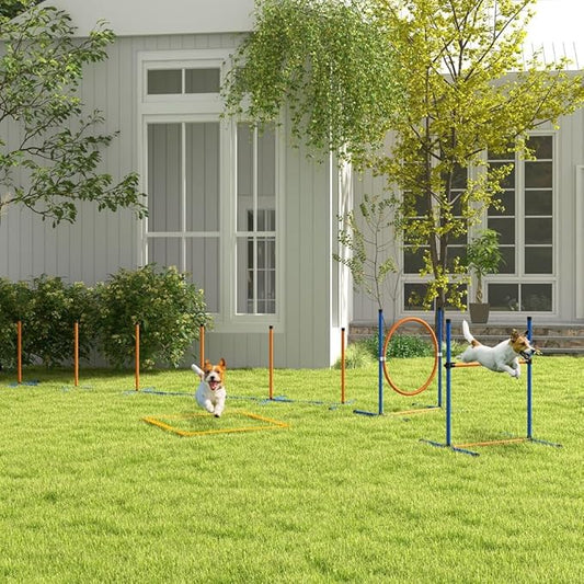 4 Pieces Dog Agility Training Equipment with Weave Poles, Adjustable Hurdle Jumping Ring, Pause Box, Whistle, Toy Balls for Backyard,Obstacle Course for Dogs Backyard (Blue + Orange, 4 Piece)