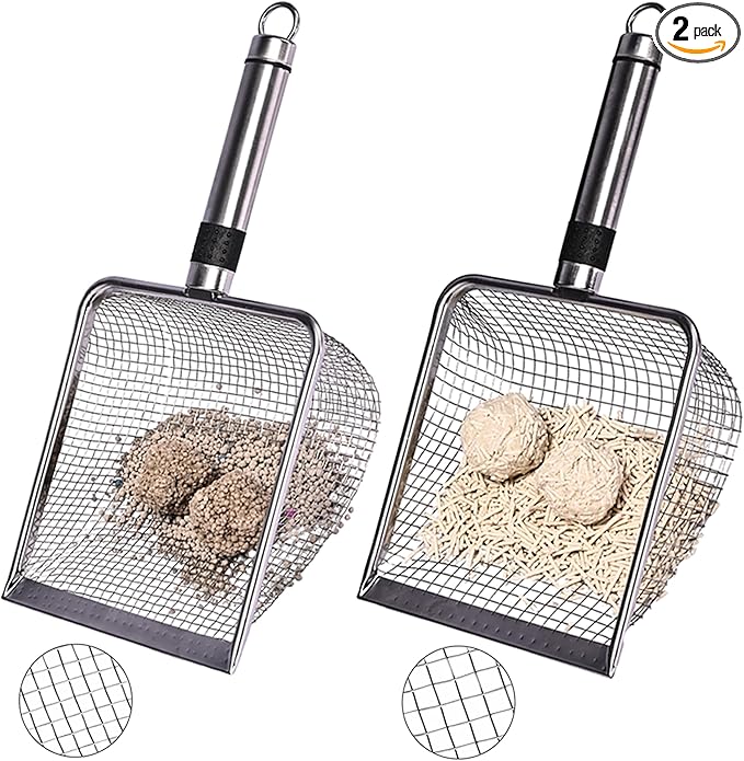2-Pack Stainless Steel Cat Litter Scoop, 3.8mm Fine Mesh & 5mm Metal Scooper, 5.5-Inch Wide Deep Shovel, Long Handle, Rustproof Cat Poop Scooper for Clumping Litter, Multi-Pet & Beach Sand