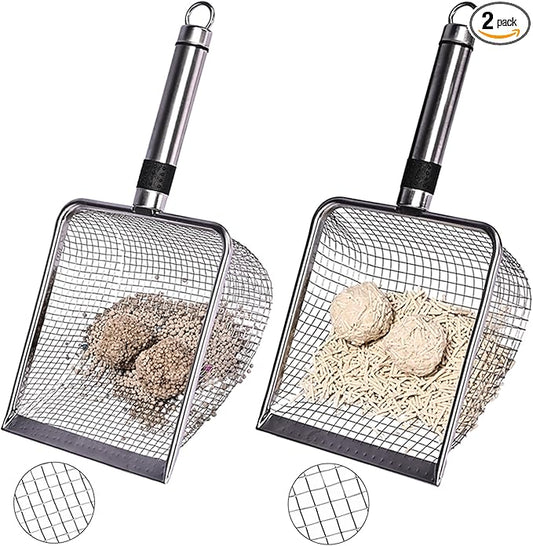 2-Pack Stainless Steel Cat Litter Scoop, 3.8mm Fine Mesh & 5mm Metal Scooper, 5.5-Inch Wide Deep Shovel, Long Handle, Rustproof Cat Poop Scooper for Clumping Litter, Multi-Pet & Beach Sand