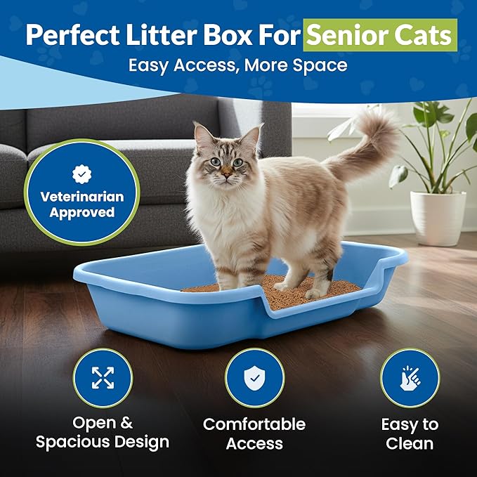 KittyGoHere Senior Cat Litter Box, Large Litter pan with Long-Handle Jumbo Scoop, Open Top Low Entrance Kitty Litter Box, Lightweight Low Entry Litters Box, Durable, Made in USA (Little Boy Blue)
