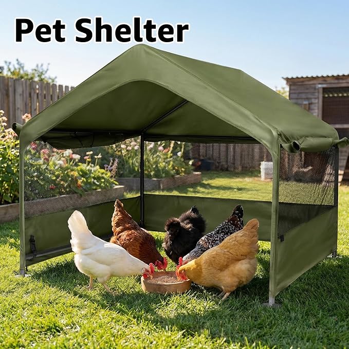 Dog Tent House Outdoor Shade 4'x4'x3' Shelter for Large Medium Pets,Outside Sun Rain Waterproof Canopy with Three-Sided Breathable Mesh Windows,Livestock House with Ground Nails,Deep Green