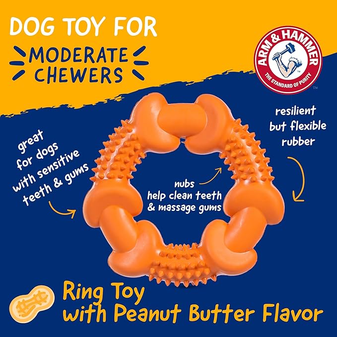 Arm & Hammer Nubbies Dog Dental Chew Toy, Rubber Ring, Peanut Butter Flavor, for Moderate Chewers, Reduces Plaque and Tartar Buildup, Baking Soda Infused, No Stuffing