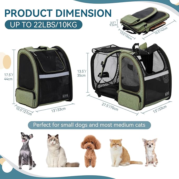 Petsfit Expandable Pet Backpack Carrier for Cats & Small Dogs up to 18 lbs – Foldable Travel Backpack with Mesh Ventilation & Lockable Zippers for Hiking, Camping – Green