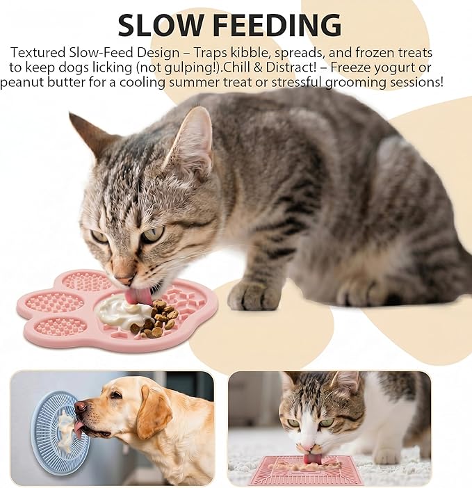 Lick Mat for Dogs and Cats, Slow Feeder Mats with Suction Cups - Bathing, Grooming and Training, Anxiety Relief Feeding Pad,Dishwasher-Safe (PBW03-Pink-paw)