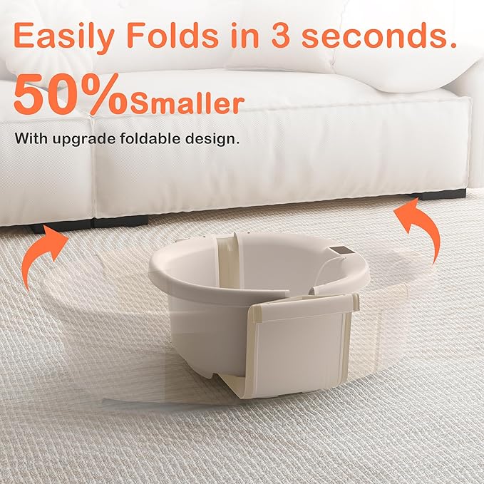 Collapsible Baby Bathtub - Large Baby Bath Tub with Thermometer & Cushion | Travel Portable Newborn Infant Bathtub | Foldable Toddler Bathtub for Baby 0 to 36 Months (Khaki)