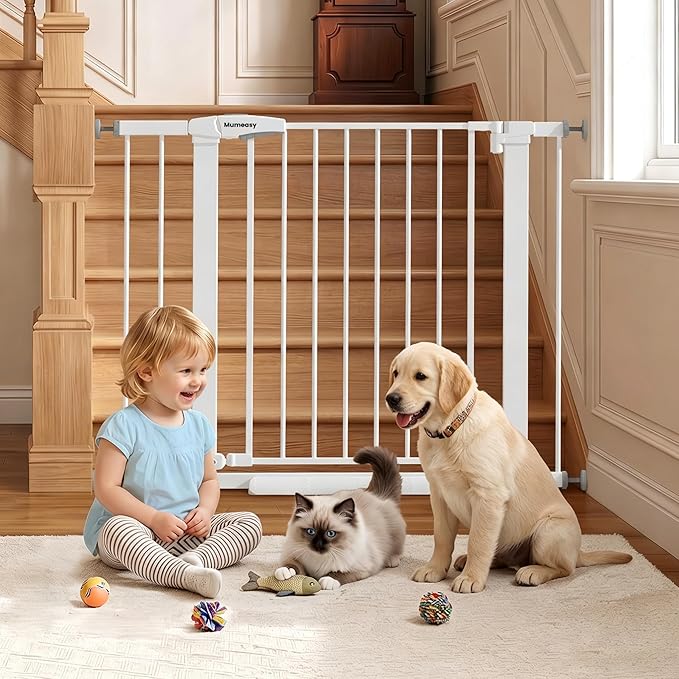 Mumeasy 29.7-40.6" Baby Gate for Stairs, Auto Close Dog Gate for Doorways, Pressure Mounted No Drill Pet Gate with Easy Walk Thru Door, Double Lock, White