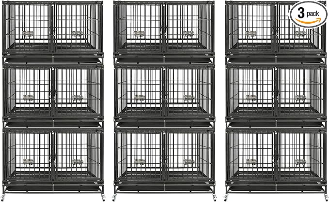 Homey Pet 3 Pack Three Tiers 43 inch Stackable Heavy Duty Dog Crate with Wheels, Indestructible Steel Dog Cage Kennel Indoor with Detachable Divider, Trays, Feeding Bowls, Escape Proof Locks