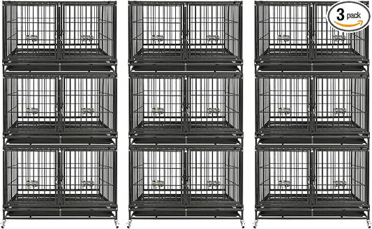 Homey Pet 3 Pack Three Tiers 43 inch Stackable Heavy Duty Dog Crate with Wheels, Indestructible Steel Dog Cage Kennel Indoor with Detachable Divider, Trays, Feeding Bowls, Escape Proof Locks