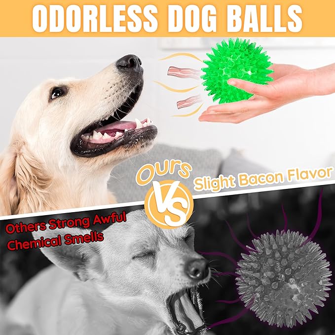 LECHONG 6-Pack 3.5” Squeaky Dog Balls, Durable Soft Spiky Chew Rubber Fetch Toy Balls for Large Medium Aggressive Chewers Teeth Cleaning Chewing Playing Training & Boredom Buster Indoors Outdoors