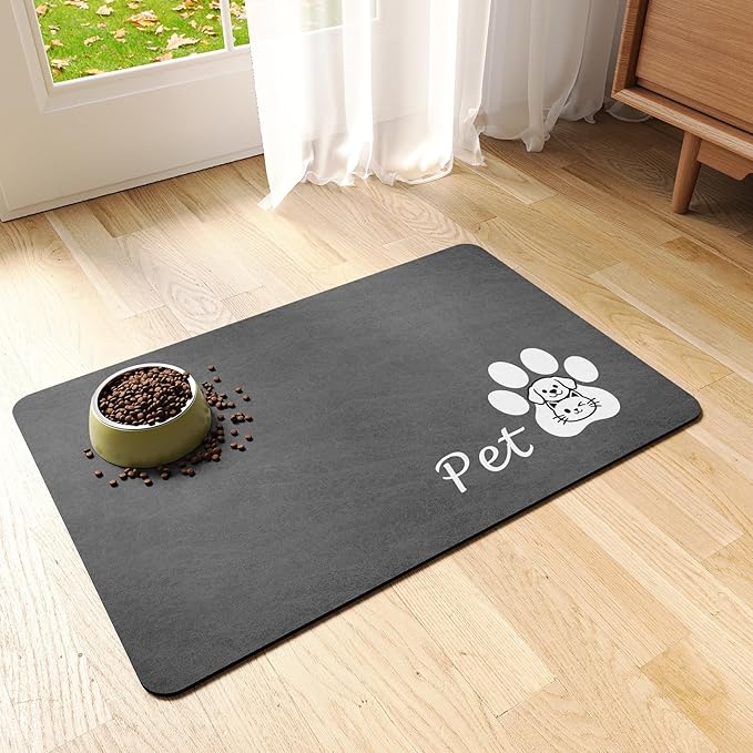 Dog Food Mat - Absorbent Cat Dog Bowl Mat for Food and Water, Quick Dry Pet Food Mats for Floors with Waterproof Rubber Backing, Puppy Cat Feeding Mats for Messy Drinkers,12"x20", Dark Grey