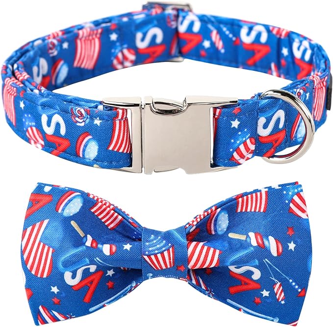 Lionet Paws Patriotic Dog Collar with Bowtie, 4th of July, Soft and Comfortable Adjustable American Flag Bowtie Collar for Puppies and Cats Male Female Gift, XXS, Neck 7-11 inches