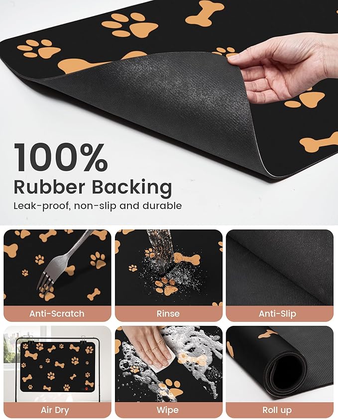 PEISAINOX Cat Dog Food Mat, Rapid Water Absorption Dog Mat for Food and Water,100% Waterproof Cat Dog Bowl Mat, 16"x27"-Black
