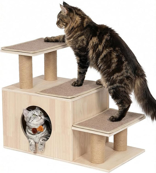 3-in-1 Pet Stairs for Cats, 7.87" Depth Pet Steps for Cat, Wood Cat Stairs for High Bed and Sofa, 1 Condo Cave, Scratching Post, Sturdy Indoor Pet Stairs with Non-Slip Carpet Pads