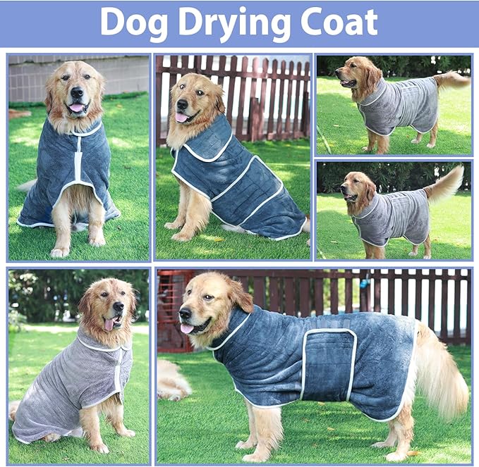 Dog Bathrobe Towel Drying Coat - Super Absorbent Dog Towels Bath Robe for Drying Dogs Large, Soft Adjustable Collar & Belly Strap Fast Drying Coat Pet Dog Cat Bath Robe Towel (Grey, XX-Large)
