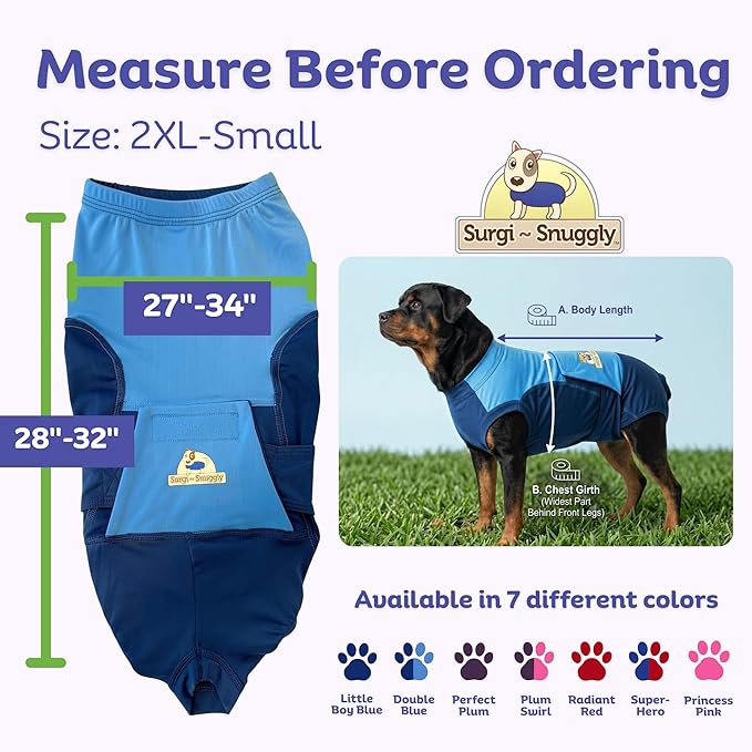 Surgi Snuggly Dog Surgery Recovery Suit - Dog Onesie for Post Surgery Recovery, Female Spay & Male Neuter - Surgical Suit for Dogs, E-Collar Cone Alternative, Double Blue - 2XL Small - 28" - 32" (EC)